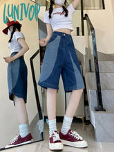 Lunivop Women’s Patchwork American Straight Denim Shorts New Summer Chic Street Style Female High
